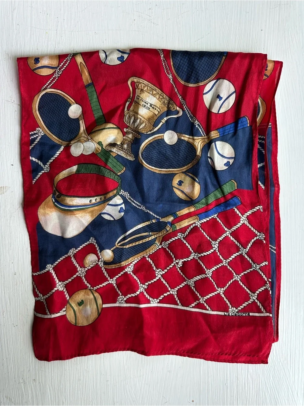 Vintage Liz Claiborne Tennis Equestrian Silk Feel Scarf Red Blue Chain Print